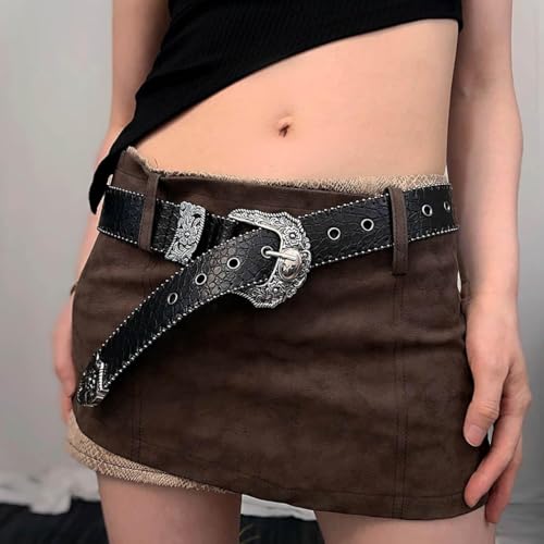Black Women Western Belt Vintage Country Leather Belt with Engraved Buckle Cowgirl Cowboy Belt for Jeans Pant Dress2