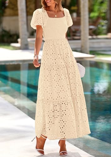 Image of PRETTYGARDEN Summer Dresses for Women 2026 Eyelet Square Neck Puff Sleeve Smocked Wedding Guest Maxi Dress with Pockets