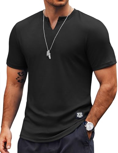 COOFANDY Workout Shirts for Men Short Sleeve Muscle Shirt V Neck Ribbed Fitted T Shirts Gym Tees Black