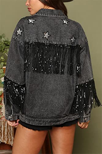 Women's Boyfriend Denim Jacket Long Sleeve Oversized Fringe Jean Jacket Coats2