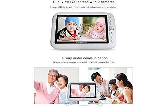 BW Moniteur de bébé sans fil - 7 pouces Babyfoon Caméra sans fil Vidéo Bébé Moniteur de vision nocturne Capteur de température Interphone berceuse Double Way Audio Play Chansons (Dual Cameras)