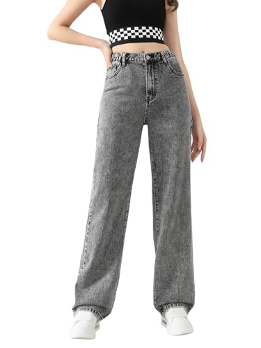 Verdusa Girl's Elastic High Waist Straight Leg Jeans Denim Pants Grey 14Y
