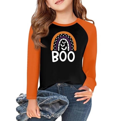 Girls Halloween Long Sleeve Raglan T-Shirt Cute Witch Skull Print Casual Fall Top Soft Tee for Kids