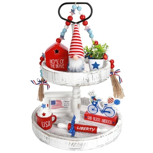 4th of July Decorations 8 Pcs Tiered Tray Decor Patriotic Memorial Day Independence Day Decorations for Home Office Indoor Fourth of July Table Centerpiece Shelf Mantel Red White and Blue Decor Sign