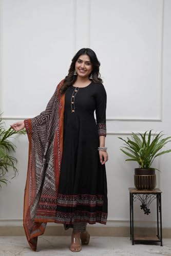Image of ANNI Designer Women's Rayon Viscose Printed Anarkali Kurta with Pant & Dupatta | Long Flared Ethnic Kurta Set for Women | Festive, Party & Traditional Indian Wear