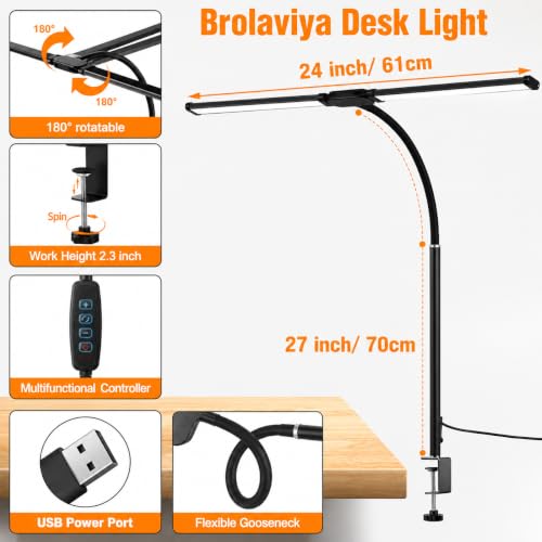 Image of BROLAVIYA Overhead LED 2 Head Dimmable Desk Aluminium Frame Lamp Extra-Long Height Light with Multi-Angle Rotation,3 Lighting Modes for Home, Office, Desktop,Bedroom, Reading,etc