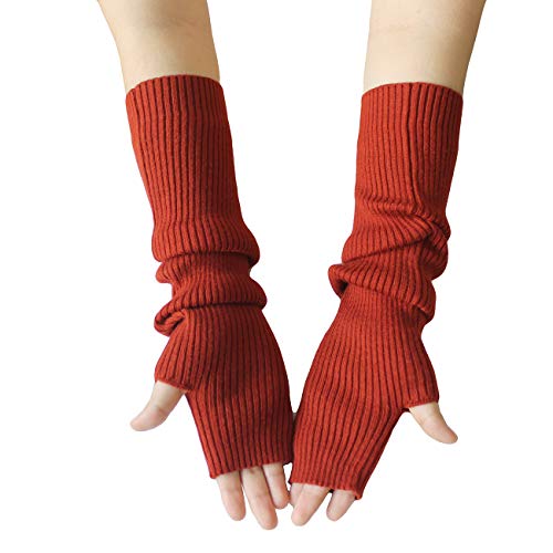 Share Maison Women's Arm Warmers with Thumb Hole 40cm Winter Fingerless Stretchy Wool Long Gloves Sleeves (9-wine red)