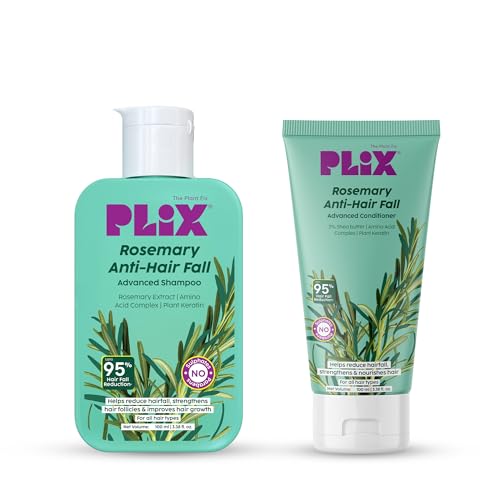 Plix Rosemary Advanced Anti Hair Fall Shampoo & Conditioner Combo | Reduces Hairfall & Promotes Hair Growth | Nourishes, Strengthens & Smoothens | All Hair Types | Men & Women | Sulphate & Paraben Free | Dermatologically Tested | 100ml + 100ml | Pack of 2 Plix Rosemary Advanced Anti Hair Fall Shampoo & Conditioner Combo | Reduces Hairfall & Promotes Hair Growth | Nourishes, Strengthens & Smoothens | All Hair Types | Men & Women | Sulphate & Paraben Free | Dermatologically Tested | 100ml + 100ml | Pack of 2