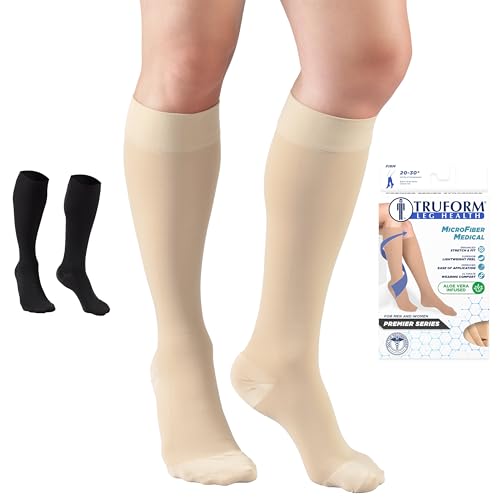 Image of Truform 20-30 mmHg Medical Compression Stockings, Aloe Infused Microfiber, Knee High, Closed Toe, Beige, Medium