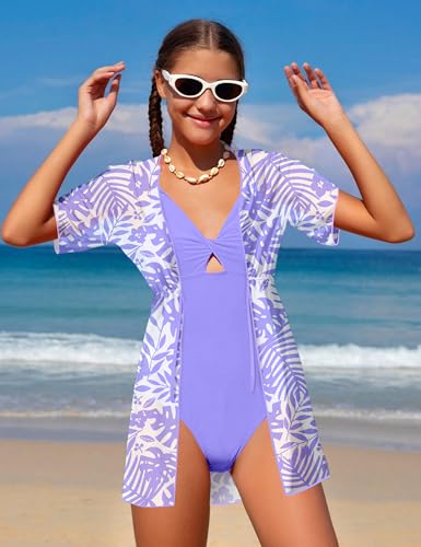 Image of Girls Swimsuits Size 10-12 Purple Girls One Piece Swimsuits Palm Print Quick Dry Cover Up 2Pcs Swimsuits for Teen Girls Bathing Suits Size 11-12