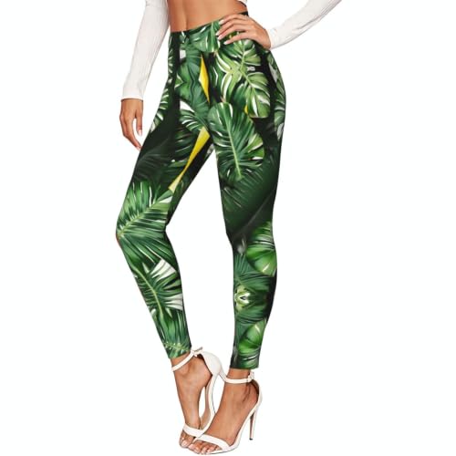 Leggings de compresión suave estilo deportivo con estampado de hojas de palma y plátano