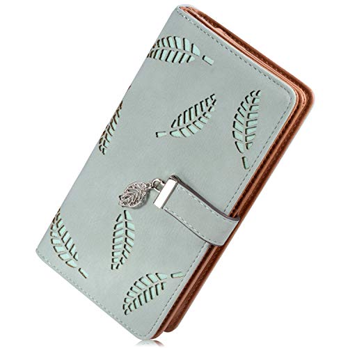 Geldbeutel Damen Leder, Geldbörse mit Hohle Blätter Gross Geldbörse Damen Groß Viele Fächer mit Handyfach Portemonnaie Frauen RFID Schutz Reißverschluss RFID-Schutz Lang Portemonnaie (Blau)