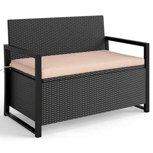 Image of Tangkula 40 Gallon Outdoor Bench with Storage, Patio Wicker Storage Bench with Cushion, Cover, Metal Frame, Deck Box Seat for Backyard, Poolside, Balcony, Garden