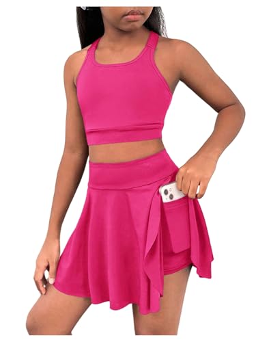 Girl's Workout Solid Color Tank and High Waisted Skorts Set Athletic Sports Running Skirt with Pockets
