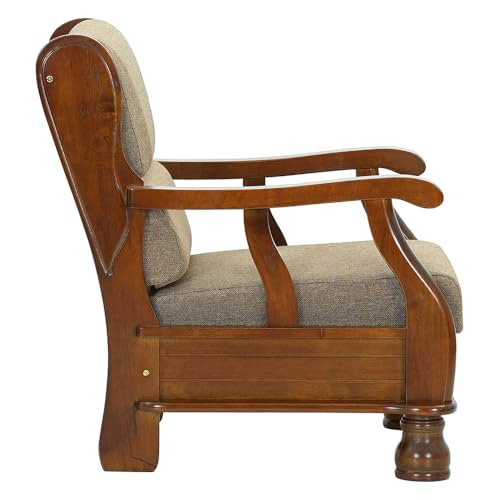 Image of Royaloak Melaka Wooden Single Seater Sofa with Brown Colour Cushion | Solid Wood | Fabric Cushion Cover | Moulded Foam Cushions | Curved Arm Design | Durable & Long Lasting | Malaysian Collection