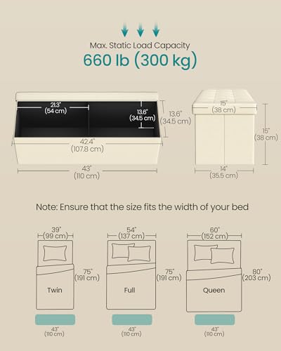Image of SONGMICS MAZIE Collection - 43 Inches Folding Storage Ottoman Bench, Ottoman Foot Rest, End of Bed Bench, Storage Chest, Load 660 lb, for Living Room, Bedroom, Entryway, Cream White ULSF77BE