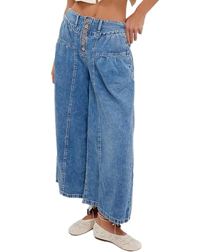 Women's Pleated Baggy Wide Leg Jeans Casual Back Elastic Button-Fly Pleated Denim Pants with Pockets