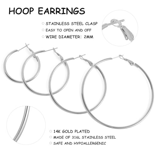 4 Pairs Stainless Steel 30/40/50/60 mm Silver 14K Gold Plated Hoop Earrings for Women Hypoallergenic Big Thin Lightweight Dangle Set3