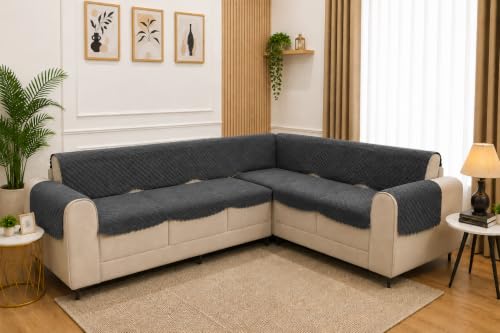 Image of 7 Seater L-Shape Sofa Cover with Arm Covers, Quilted Texture, Sectional Couch Protector for Living Room-Pack of 15 (Dark Grey)