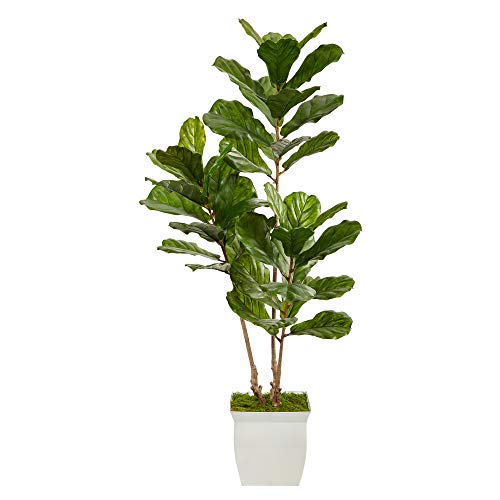 Nearly Natural 5.5ft. Fiddle Leaf Artificial Tree in White Metal Planter UV Resistant (Indoor/Outdoor) by Nearly Natural - Used condition - US$116.52