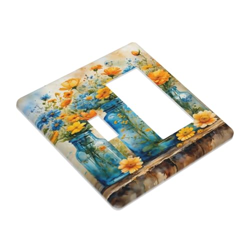 Decorative Outlet Covers Rustic Yellow Flowers Floral Blue Bottles 2 Gang 1 Gang Wall Plate Cover Single Toggle Rocker Combo Light Switch Cover Plate Face Plate for Bedroom Decor