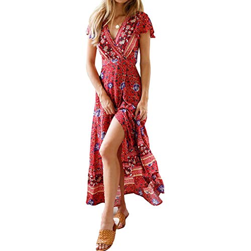 Mulheres Praia Boho manga curta vestido longo menina manga curta maxi Floral Impresso Dividir Sundre