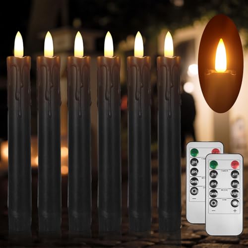Image of 6.7 Inch Black Flameless Taper Candles, Short Taper Candles Battery Operated with Flickering 3D Flame, Led Candle Sticks Safe for Windowsill Wedding Home Halloween Decor, Set of 6