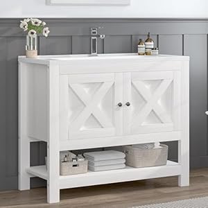 4ever2buy Farmhouse Bathroom Vanity with Sink 35 Inch Bathroom Vanity Cabinet with 2 Doors and Open Shelf White Bathroom Cabinet with Ceramic Sink