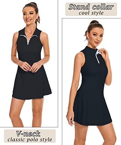 Tennis Dress For Women Athletic Dress With Built In Shorts Sleeveless Golf Workout Exercise Dress With Pockets Active Dress With Shorts Underneath Black #TOP4