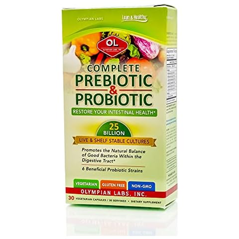 Olympian Labs Complete Prebiotic and Probiotic Supplement - 25 Billion Live Shelf Stable Cultures - 30 Vegetarian Capsules, Helps Restore The Natural Balance Within The Digestive Tract. Cover