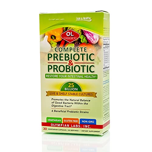 Olympian Labs Complete Prebiotic and Probiotic Supplement - 25 Billion Live Shelf Stable Cultures - 30 Vegetarian Capsules