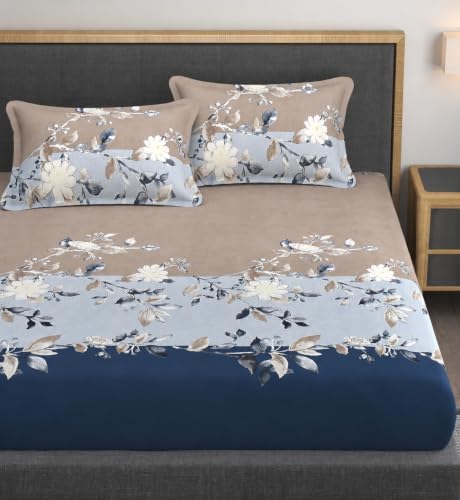 Image of Vaini Premium Heavy Cotton Elastic Fitted Bedsheets with 2 King Size Pillow Covers || Double Bed with All Around Elastic 350 (Blue Tricolor, 72x72 Inch King Fitted)