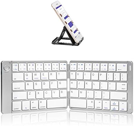 Foldable Bluetooth Wireless Keyboard With Stand Holder, Pocket Size Ultra Slim Leather Folding Compatible iOS Windows Android Smartphone Tablet Laptop, Silver