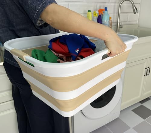 Image of SAMMART 42 (11 Gallons) Collapsible Plastic Laundry Basket, Foldable Pop Up Storage Container /Organizer, Space Saving Hamper, Portable Bin for Dorm Room Bathroom (2, White /Beige)