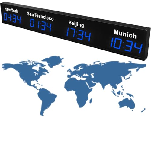 Orologio da Parete Digitale a LED con Fusi Orari Multipli, Orologio con Fusi Orari Mondiali per Ufficio, Arredamento per La Casa, Preciso e Silenzioso,Blue-4City