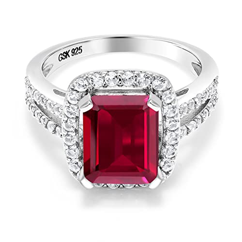 Gem Stone King 4.42 Cttw 925 Sterling Silver Red Created Ruby Ring | Engagement Ring For Women | Emerald Cut 10X8MM | Available In Size 5, 6, 7, 8, 9