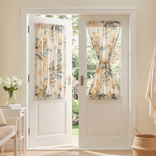 Image of MYSKY HOME Floral Linen French Door Curtains 40 inch Long 2 Panels for Front Door Light Filtering Privacy Semi Sheer Window Curtains with Rod Pocket, Yellow and Blue, 24 inch W Each Panel