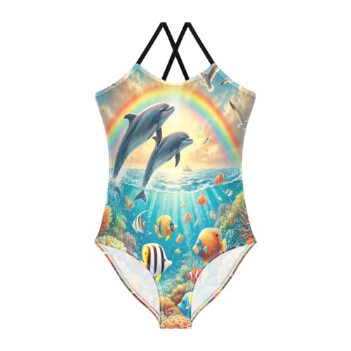 Ocean Rainbow Dolphins Girls Swimsuit Bathing Suit Summer Beach Swimwear One Piece Swimsuits