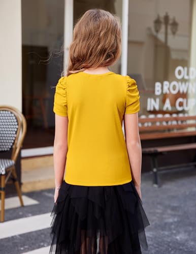 Image of Arshiner Girls Puff Short Sleeve Shirts Summer Ribbed Knit Crewneck T Shirt Tops Tee Blouse