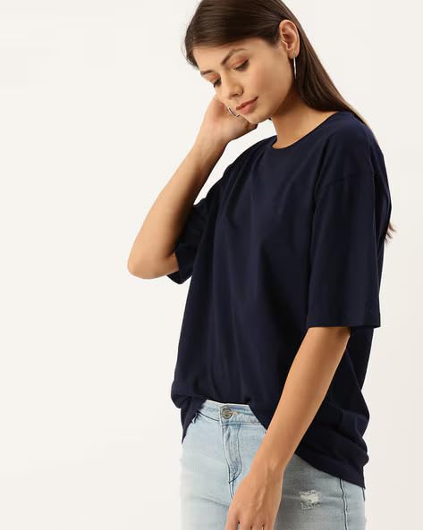 Image of Oversized Baggy Fit Drop Shoulder Half Sleeves Round Neck Solid Pure 100% Cotton T-Shirt for Women (Available in White, Black,Navy Color)