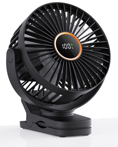 TUNISE Mini Clip on Fan, Battery Operated Desk Fan, Digital display，3 Speeds Adjustable, Bidirectional 360 ° Adjustable, Super Strong Wind, Portable Fan for Home Office Stroller Camping Black