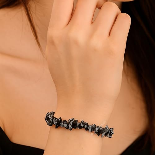 Image of Certified Snowflake Obsidian Bracelet for Women Men with Healing Crystal and Reiki Stone - Beautiful Gemstone Beaded Bracelet for Balance, Harmony & Positive Energy (Chips Stone Beads)