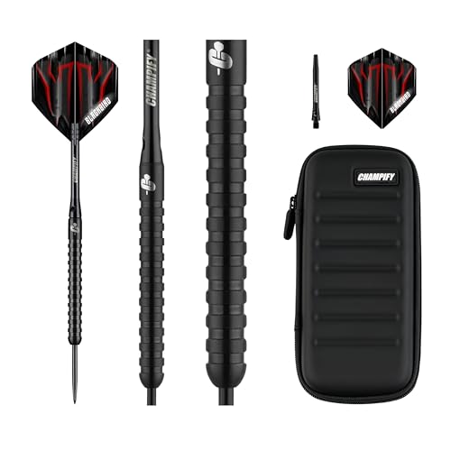 Champify NEU 90% Tungsten Darts Set “Blackbird” mit 23g Barrel und schwarzer Darttasche | 3 Steeldarts mit 9 Alu-Schäften & 9 Flights| Dart Set mit Zubehör | Dartpfeile mit Metallspitze