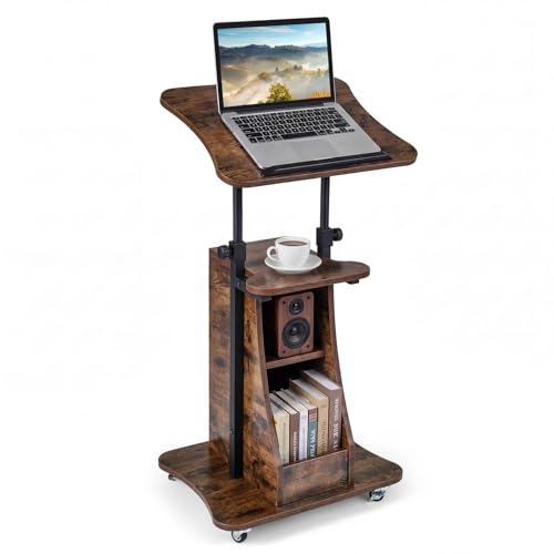 COSTWAY Soporte de Podio Móvil, Altura Ajustable 72-112 cm, Marrón