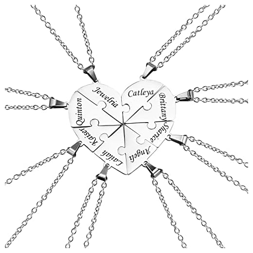 Kiddo Sky Juego de Collares de Rompecabezas de Corazón de Plata Esterlina Personalizados - Nombre Personalizado 2/3/4/5/6/7/8 Piezas BFF y Joyería Familiar con Grabado - Plata