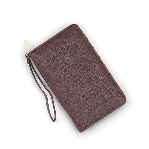 Image of Mensch Faux Leather Travel Passport Holder, RFID Blocking Premium Travel Document Organiser with Secure Zipper Closure Passport Cover & Travel Accessories for Men & Women (D.Brown)