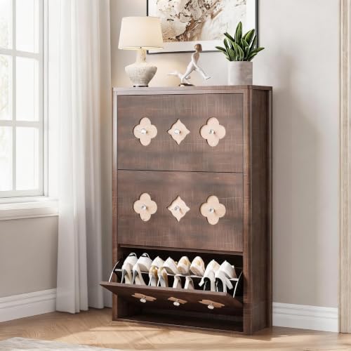 Image of GarveeHome Shoe Storage Cabinet with 3 Flip Drawers & Adjustable Shelves | Floral Pattern, Shoe Cabinet for Entryway, Hallway, Living Room, Narrow Wooden Shoe Cabinet, Brown