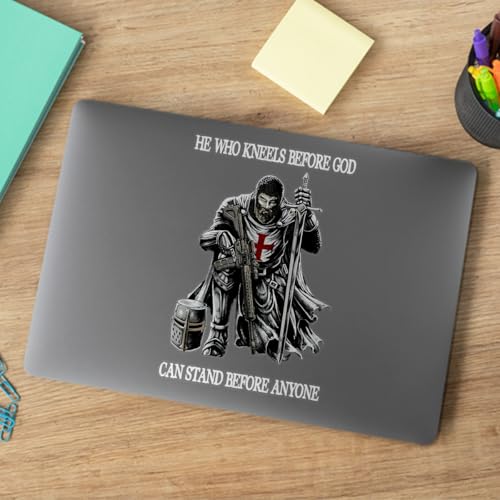 Image of Premium Knight Templar Christian Sticker - 'He Who Kneels Before God Stands Before Anyone' - Durable & Waterproof Vinyl Decal for Car Door, Window, Laptop - 6 x 4 Inches