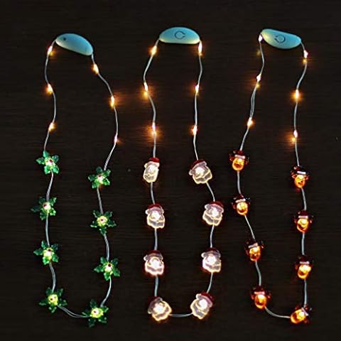 JASHIKA Holiday Party Necklace Glowing in The Dark Accessories, Light Up LED Necklace Santa Clause, Reindeer, Red Berry Green Leave Set of 3 with Multi Flashing Options Cover