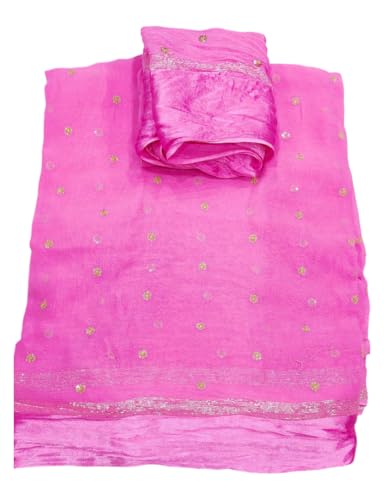 Image of Pure Georgette Sequence Work Saree with Contrast Blouse, Satan Patta Fabric